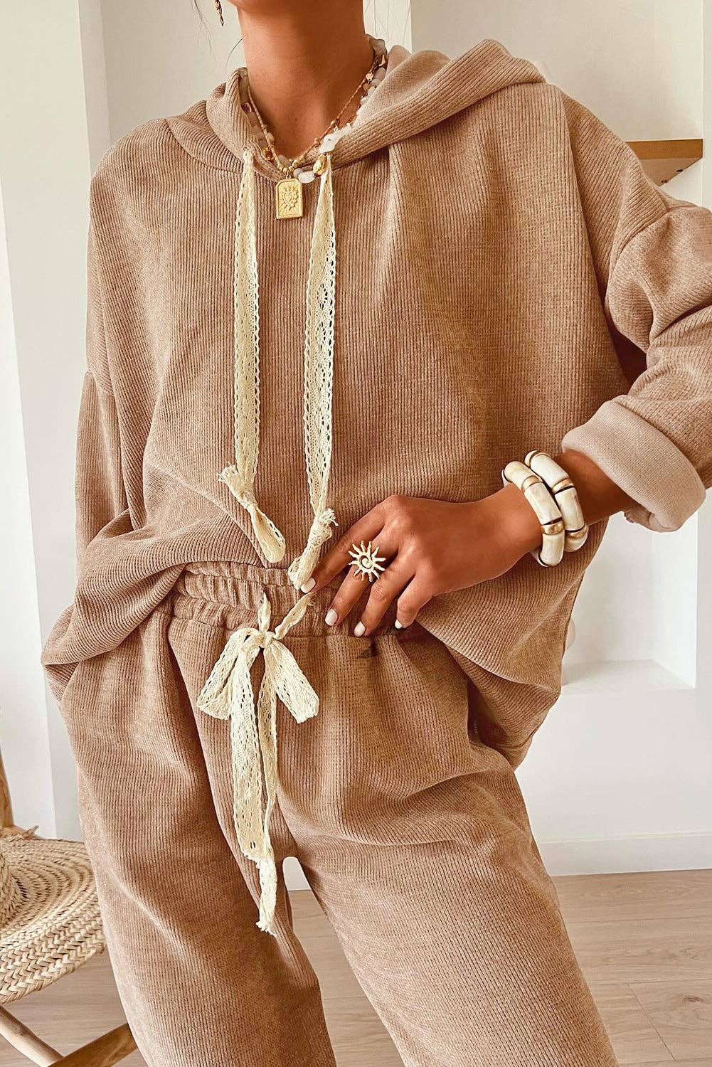 Parchment Leopard Drawstring Pullover Hoodie and High Waist Pants Corduroy Suit: Parchment / 42.5%Polyester+40%Viscose+16%Polyamide+1.5%Elastane