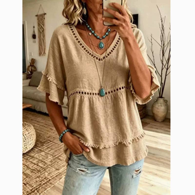 Boho Linen V Neck Blouse Eyelet Ruffle Sleeve: Khaki / 30%cotton70%linen