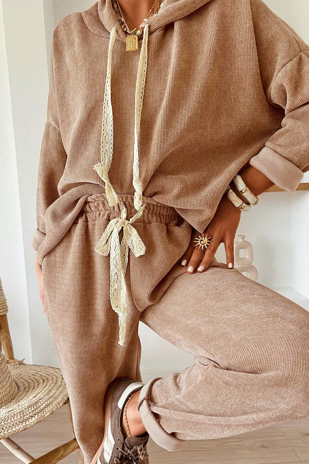 Parchment Leopard Drawstring Pullover Hoodie and High Waist Pants Corduroy Suit: Parchment / 42.5%Polyester+40%Viscose+16%Polyamide+1.5%Elastane