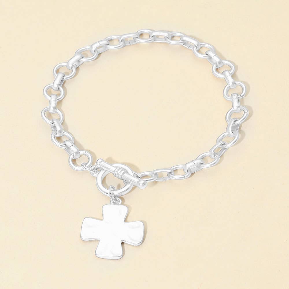 Matte Hammered Metal Cross Charm Toggle Chain Link Bracelet: Gold