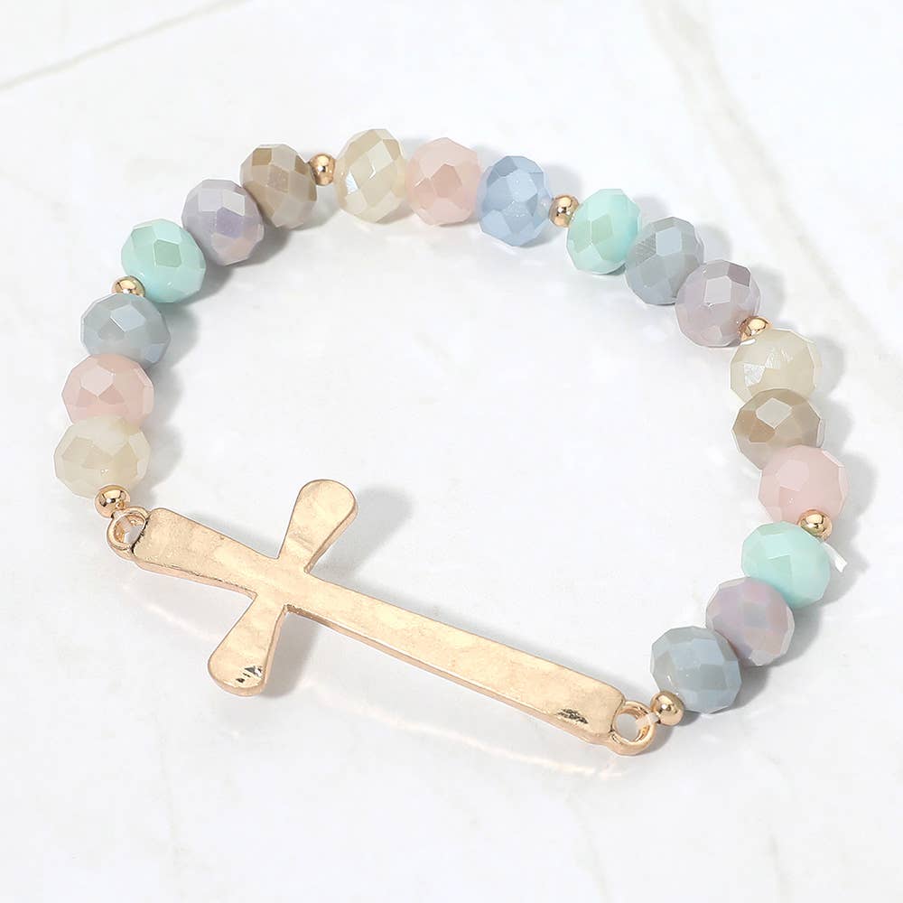Brushed Hammered Metal Cross Accent Faceted Beaded Stretch Bracelet: Light Blue