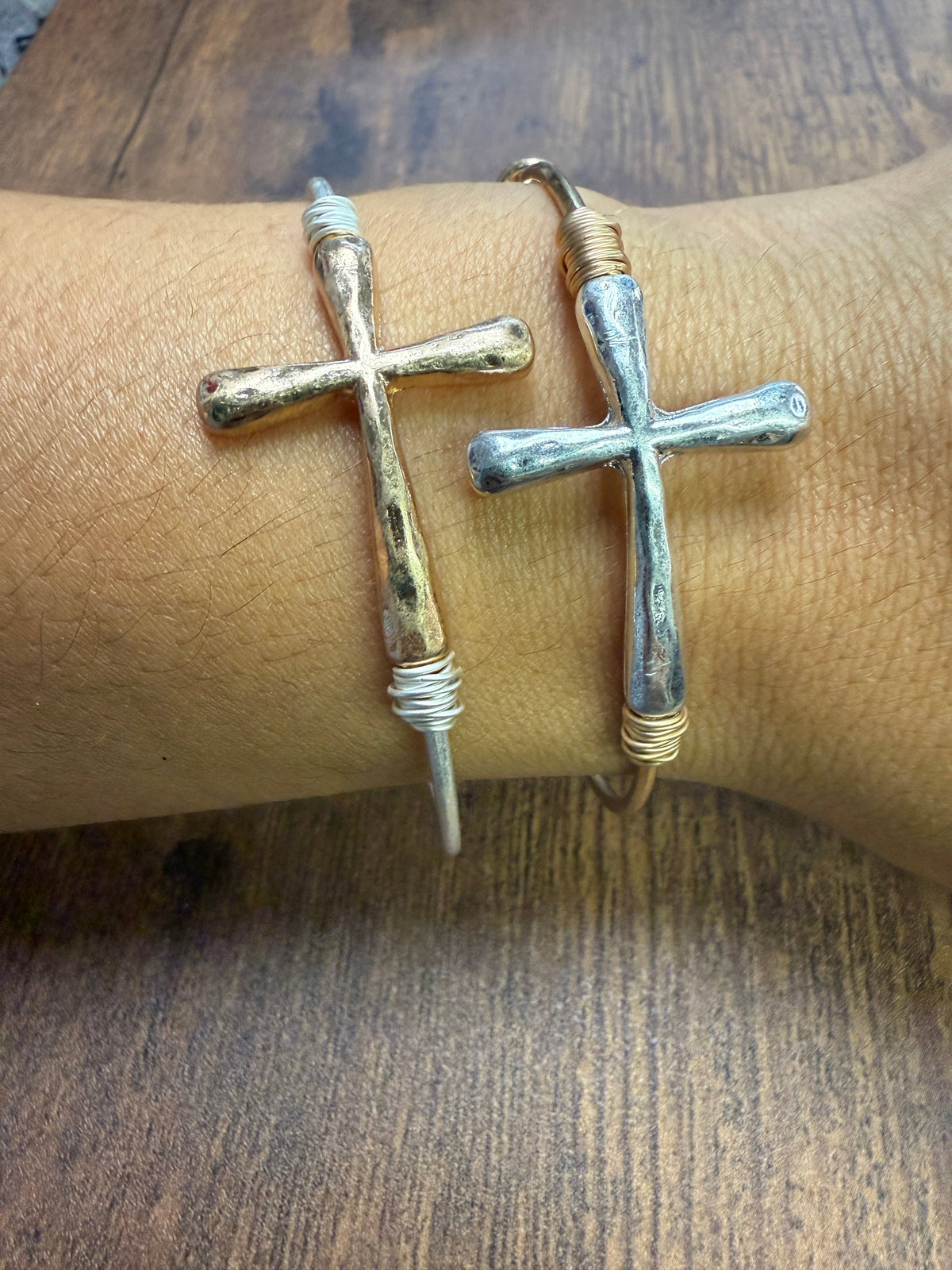Two-tone Wire Wrapped Cross Bangle Bracelet : Silver