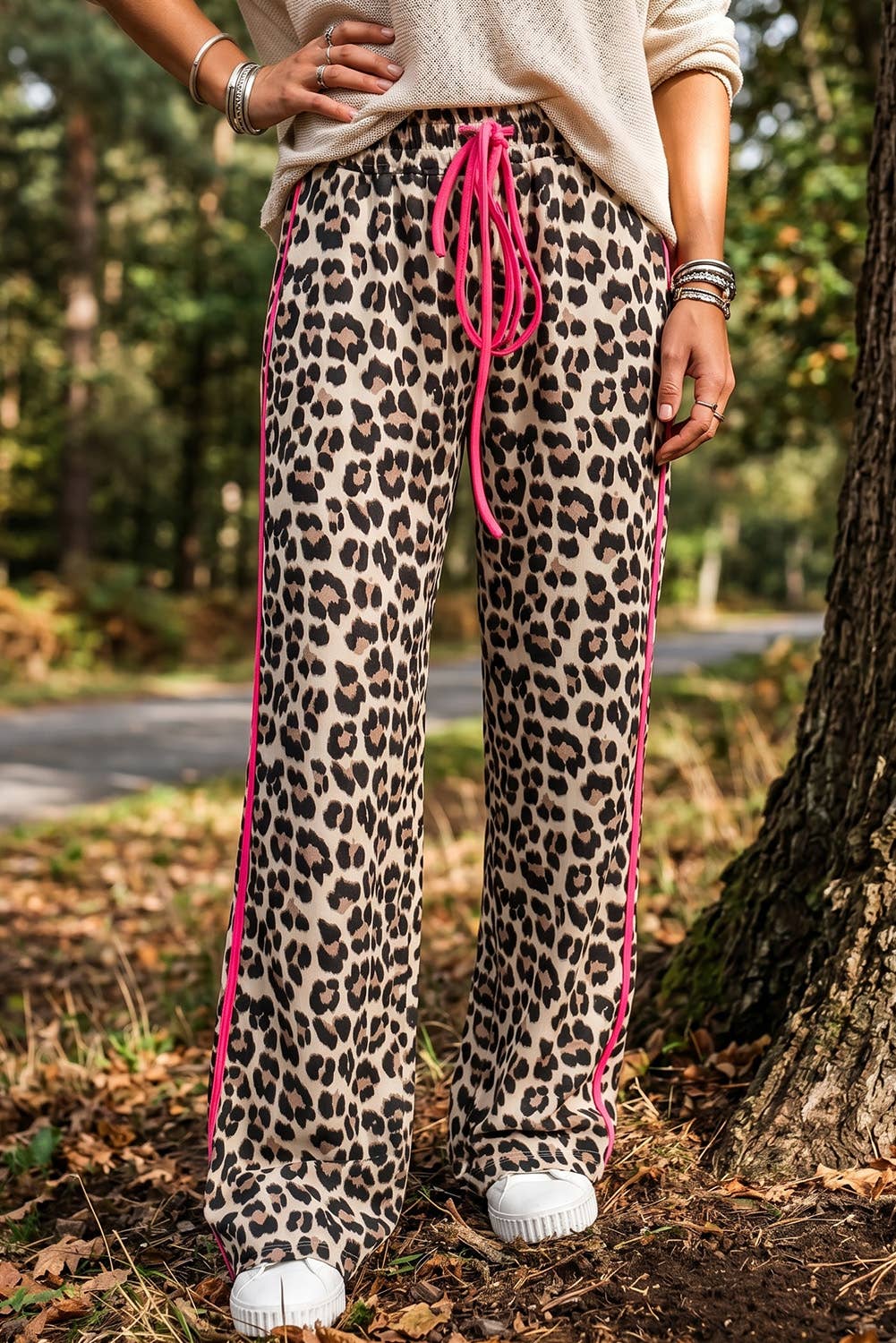 Leopard Print Rose Side Wide leg Stripe Detail Wide Pants: Rose