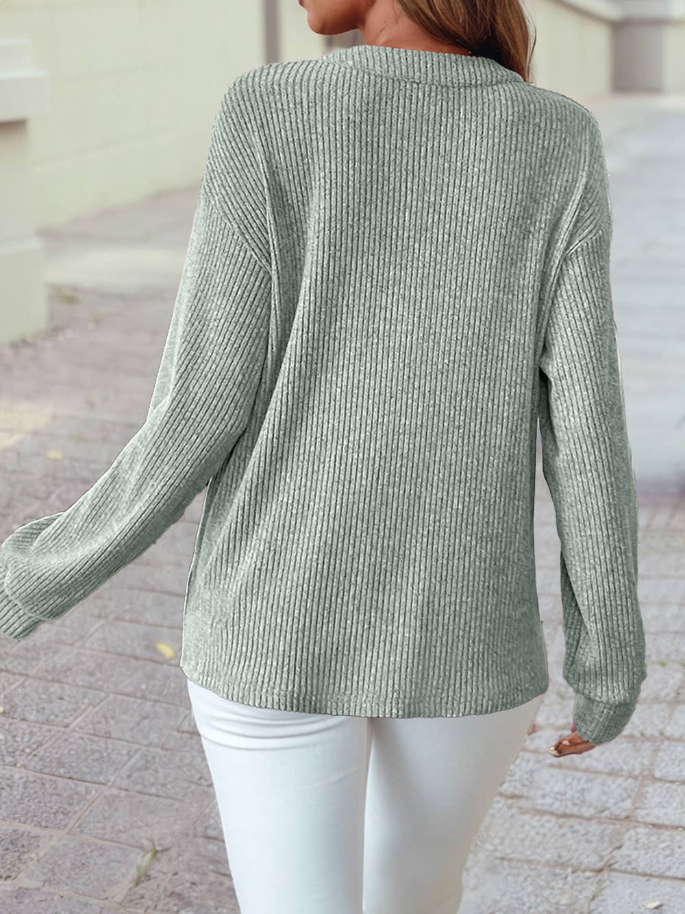 Ribbed Texture Drop Shoulder Henley Knit Top: Simply Taupe