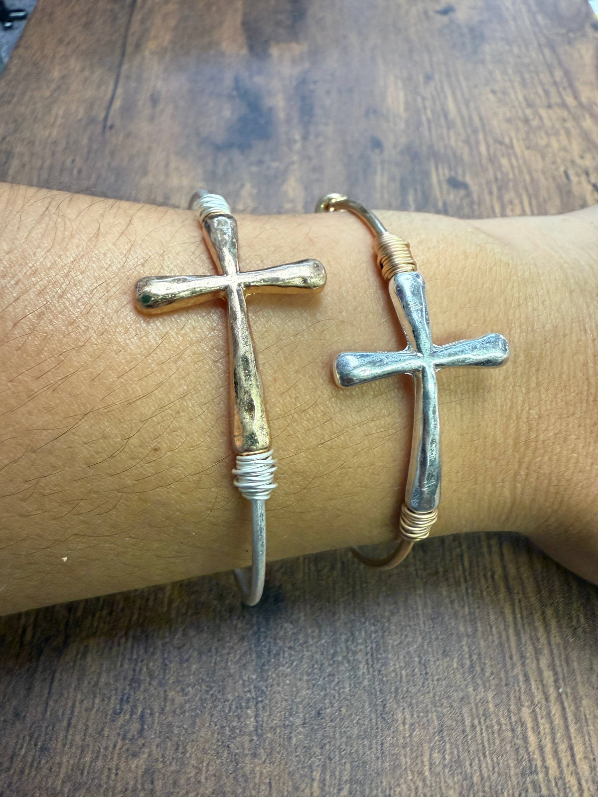 Two-tone Wire Wrapped Cross Bangle Bracelet : Gold