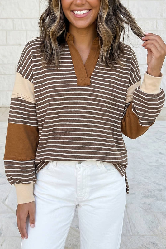 Collar V Neck Color Block Detail Long Sleeve Pullover S-4X: Brown Stripe
