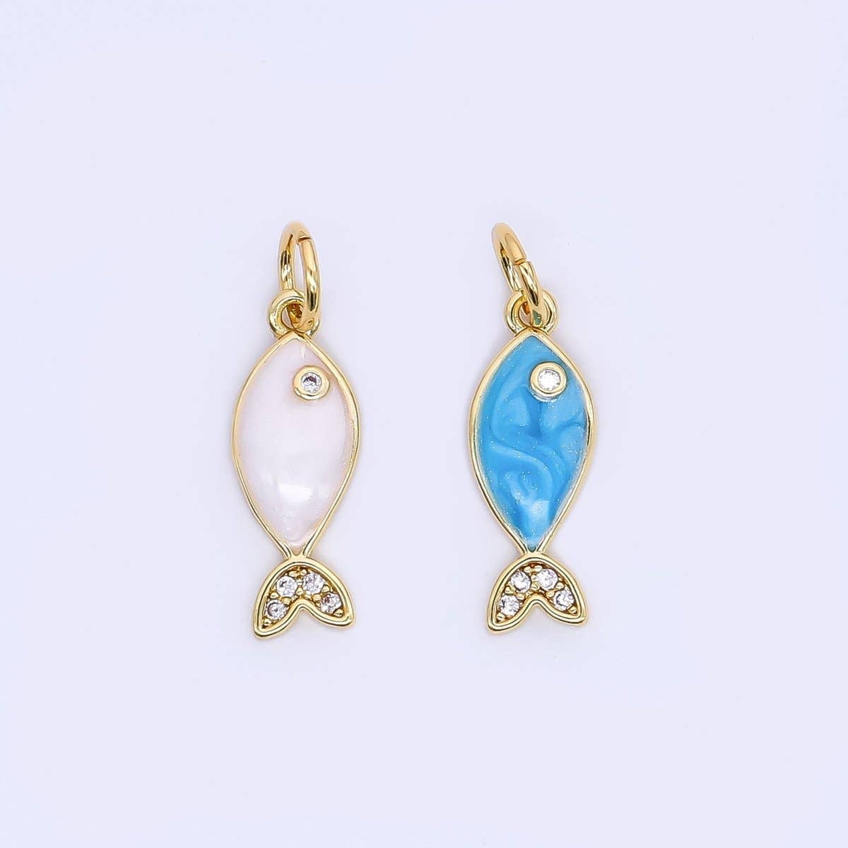 24K Gold Filled 16mm Micro Paved CZ Ocean Tiny Fish Enamel Charm | W167: Blue