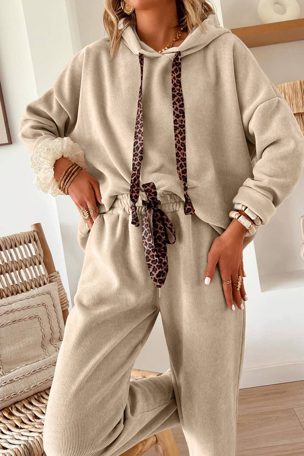 Parchment Leopard Drawstring Pullover Hoodie and High Waist Pants Corduroy Suit: Parchment / 42.5%Polyester+40%Viscose+16%Polyamide+1.5%Elastane