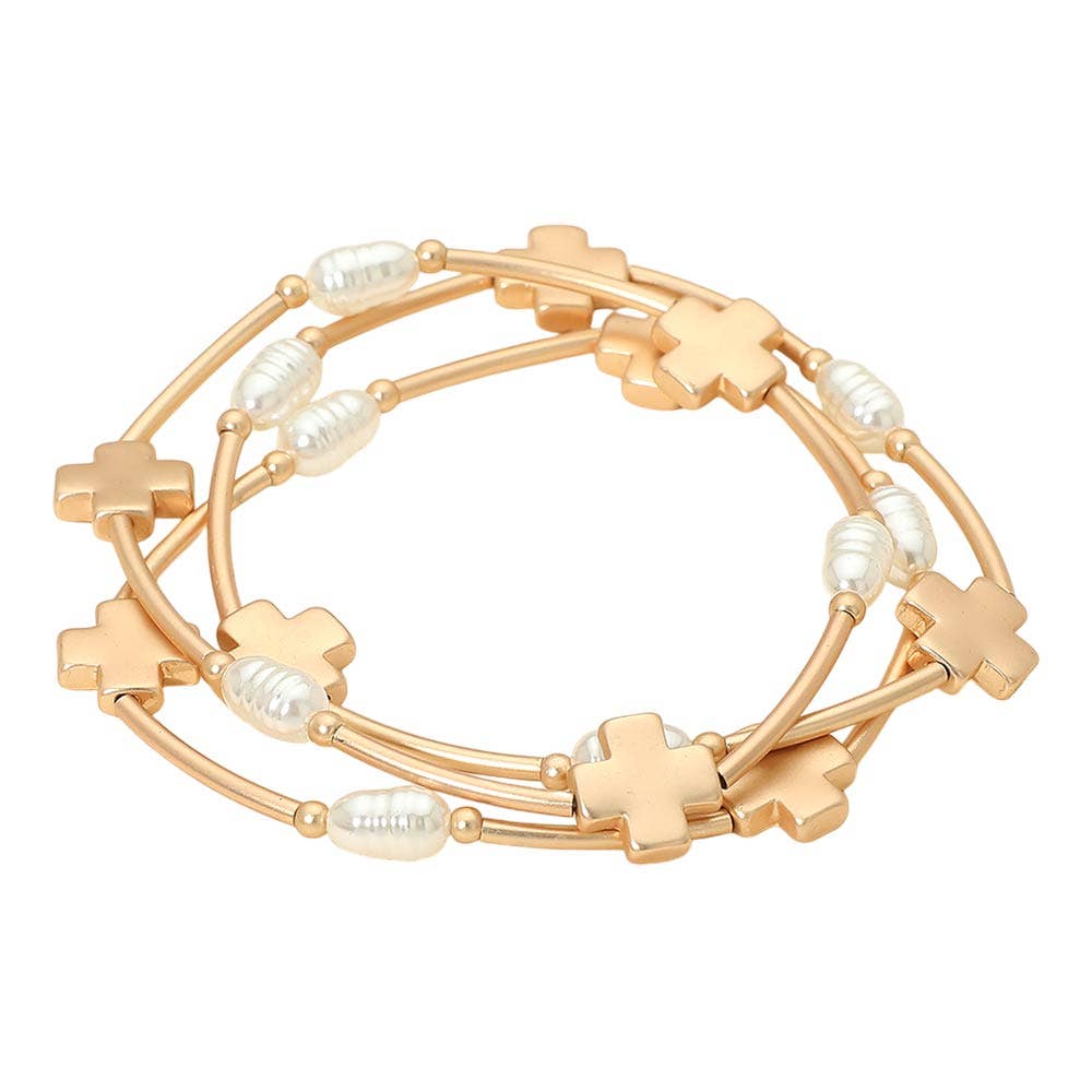 3PCS - Cross Charm Pearl Beaded Stretch Multi Layered Bracelets: Matte Silver,White