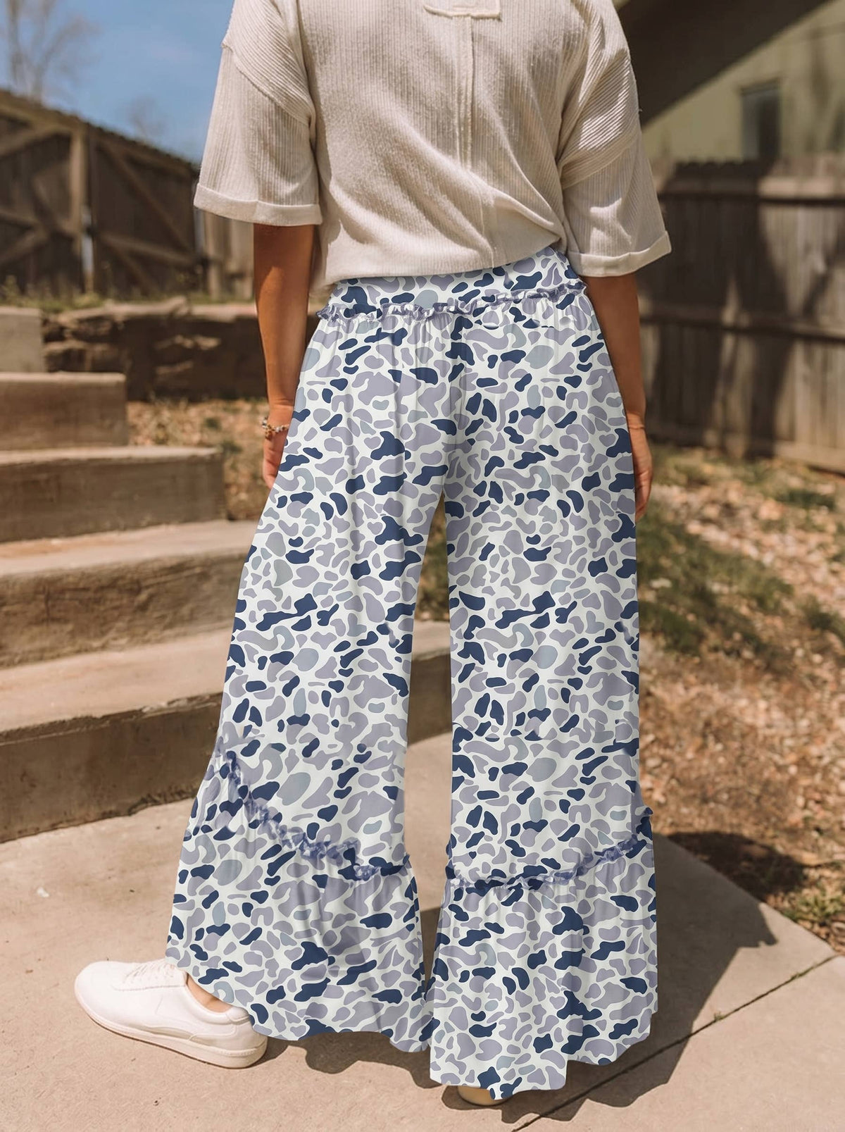 Western Leopard/camo Print Frilled Detail Drawstring Pants: Camo