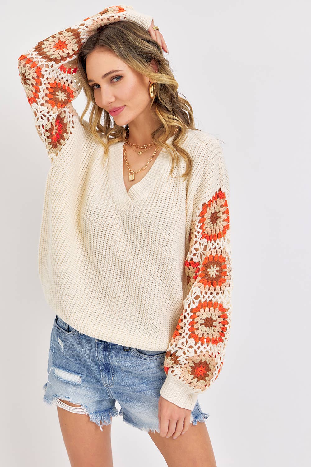 CROCHET PATCHWORK SWEATER: IVORY/ORANGE / Contemporary