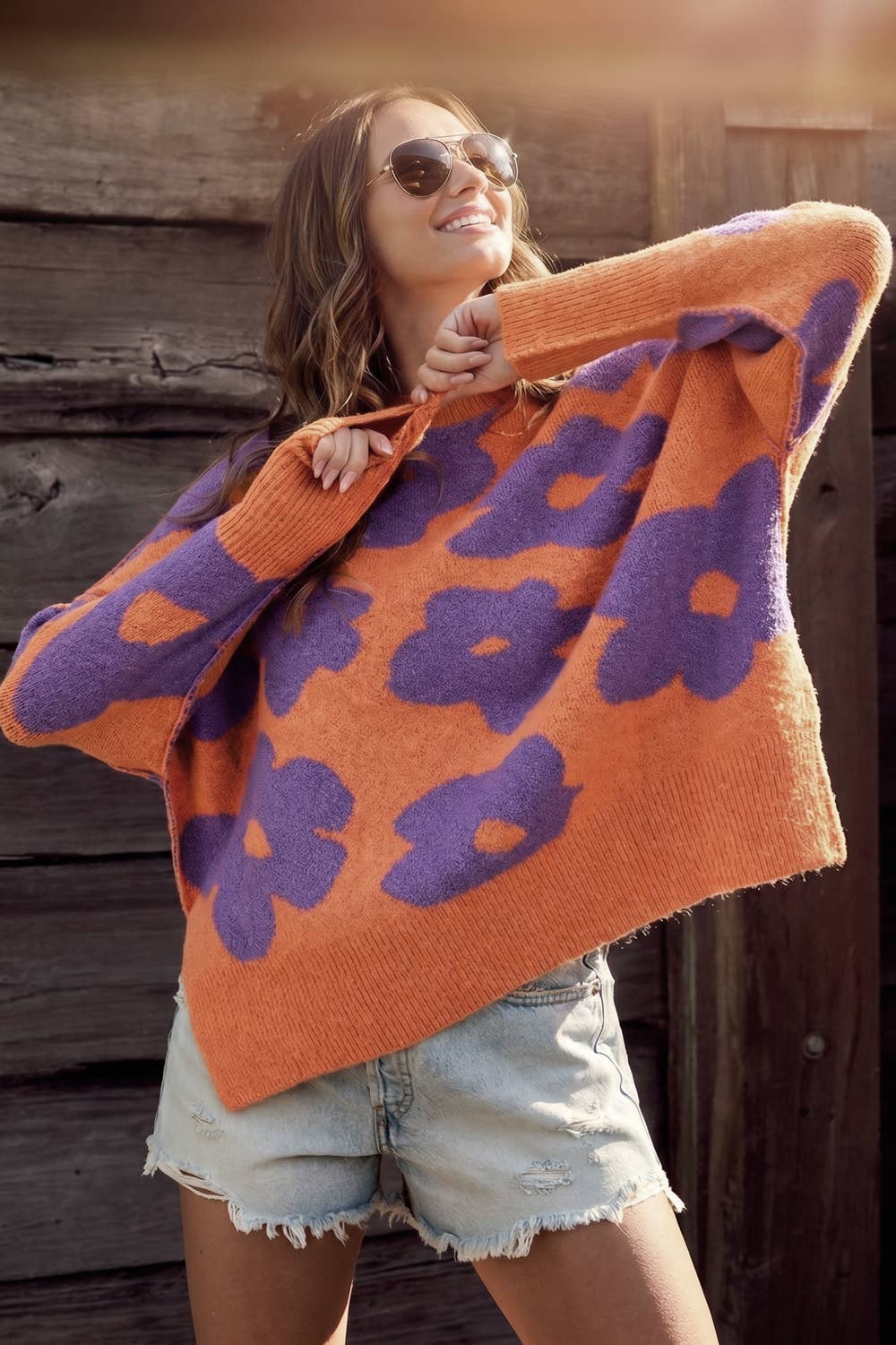 CREW NECK FLORAL LOOSE FIT SWEATER KNIT TOP: PUMPKIN PURPLE / Contemporary