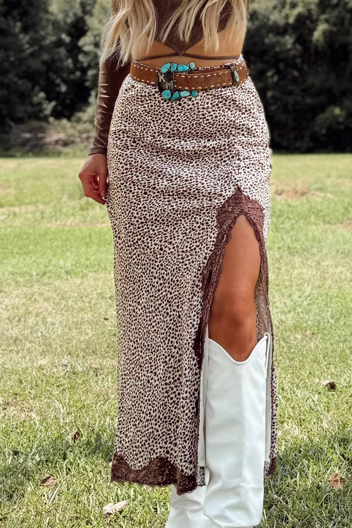 Western Cheetah Ruched High Waist Lace Splicing Slit Skirt: Multicolour