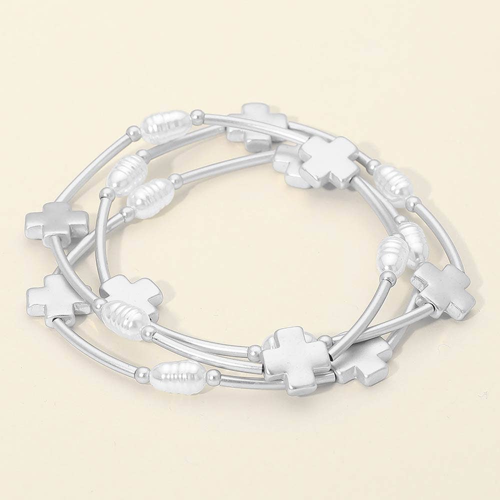 3PCS - Cross Charm Pearl Beaded Stretch Multi Layered Bracelets: Matte Silver,White