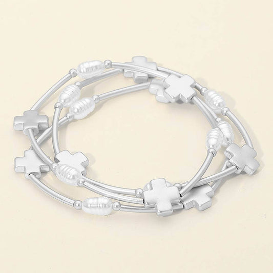 3PCS - Cross Charm Pearl Beaded Stretch Multi Layered Bracelets: Matte Silver,White