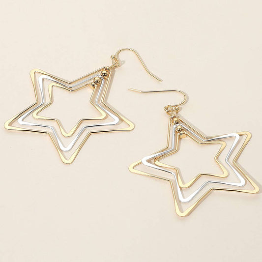Layered Open Metal Star Dangle Earrings: Multi,Two Tone