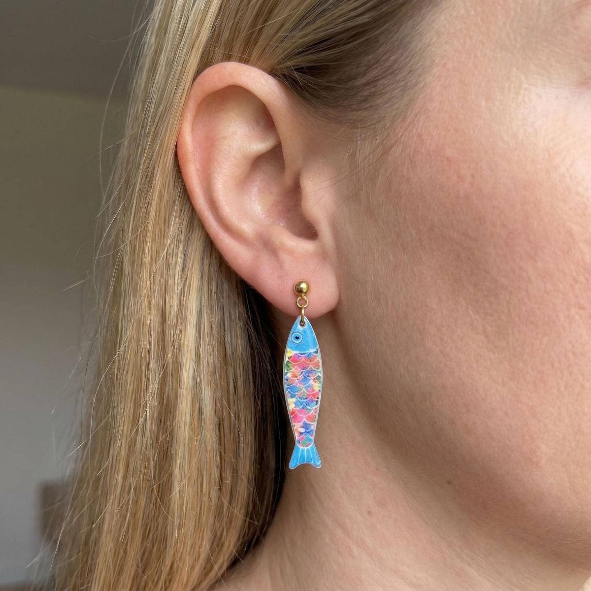 Aqua Blue Multi Colored Scales Clay Fish Earrings