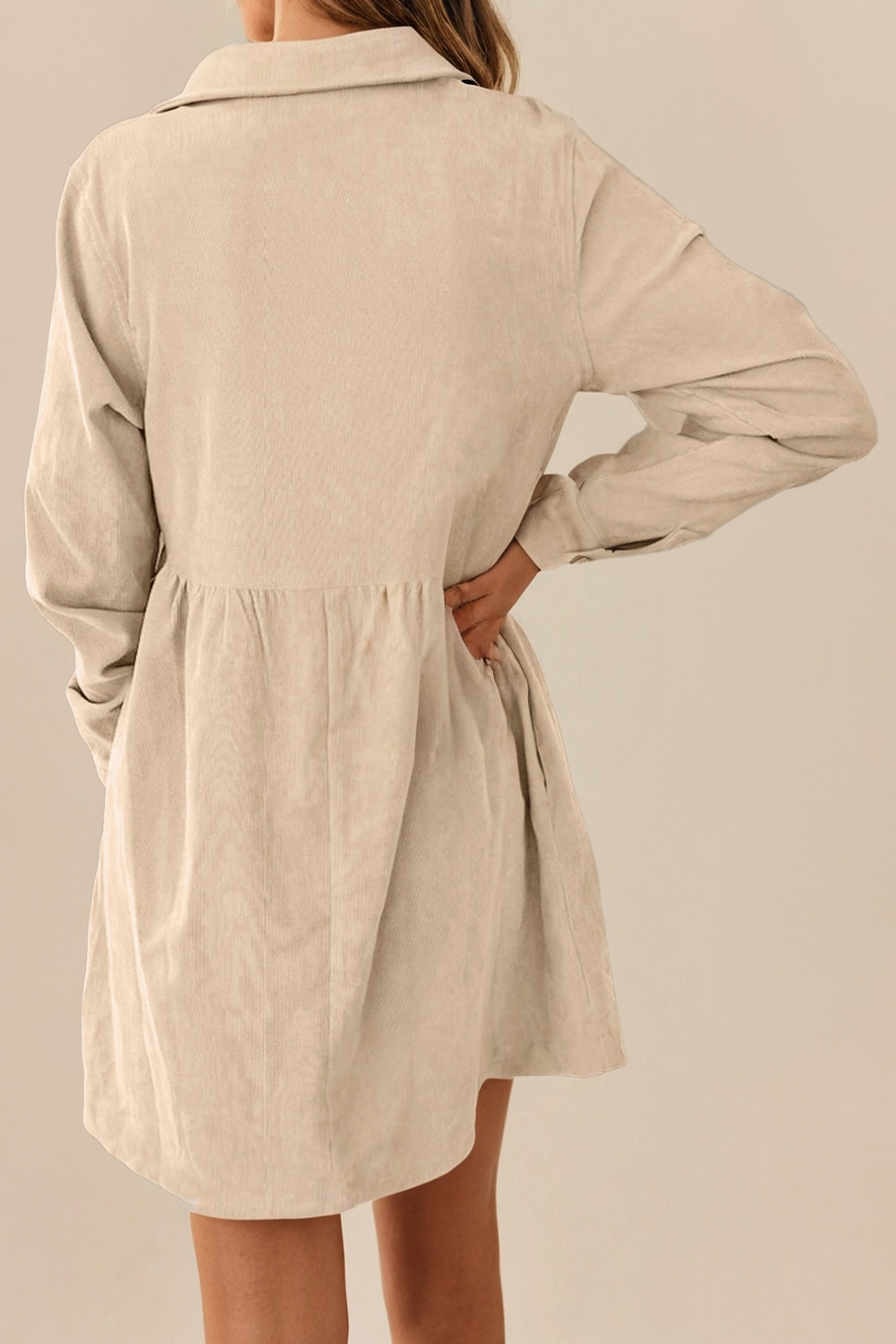 Corduroy Half Button Collared Long Sleeve Mini Fall Dress: Beige / Missy