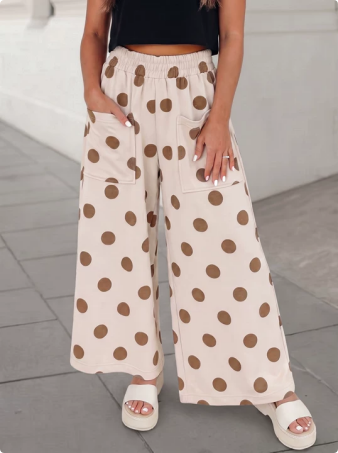 Polka Dot High Waist Wide Leg Pocket Pants | S-XL & 1X-4X: Khaki