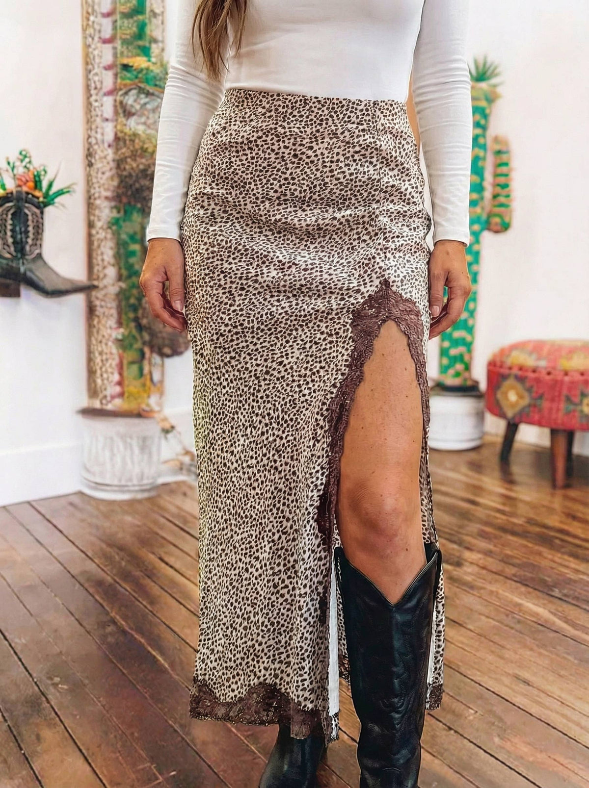 Western Cheetah Ruched High Waist Lace Splicing Slit Skirt: Multicolour