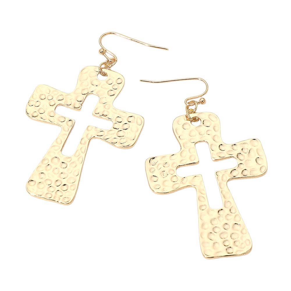 Hammered Metal Open Cross Drop Dangle Earrings: Gold