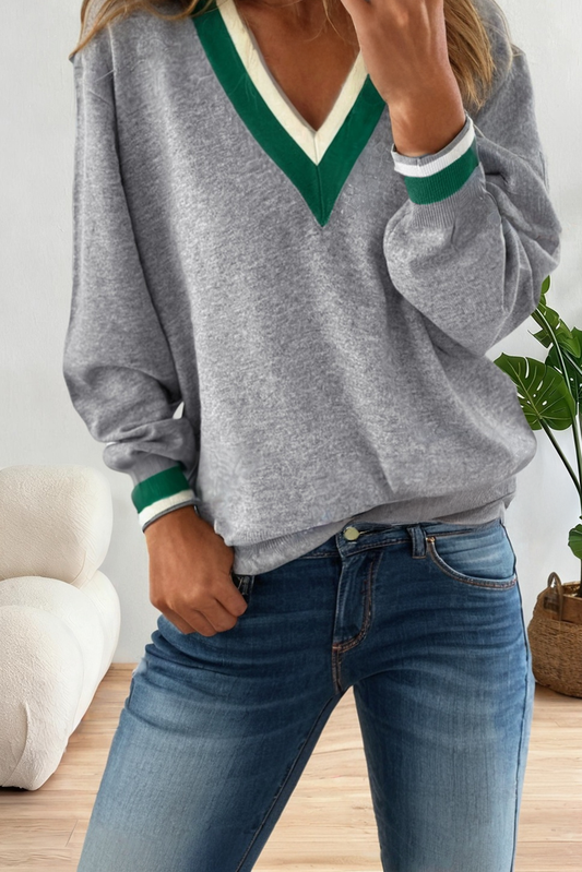 Contrast Striped Trim V Neck Varsity sweaters for women: Gray / Missy