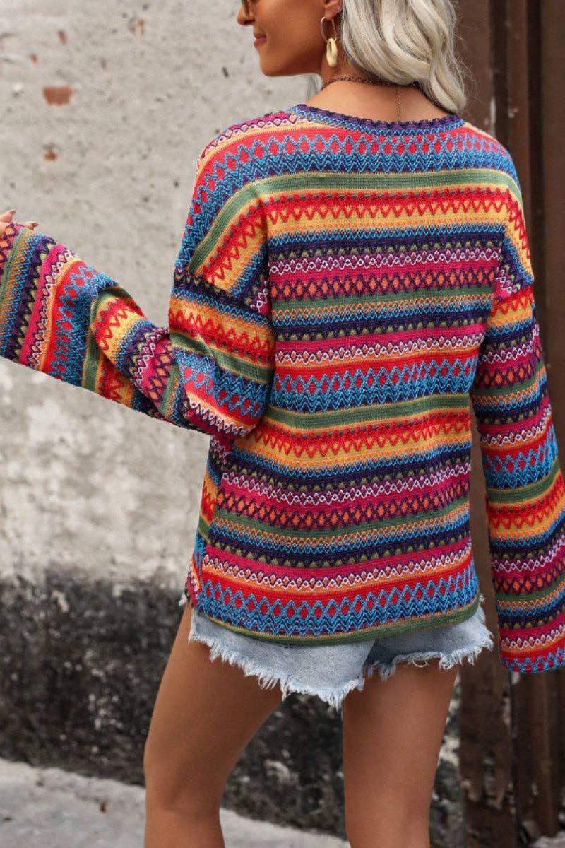 Boho Multicolor Geometric Knit Bell Sleeve Top: Red / 95%Polyester+5%Elastane