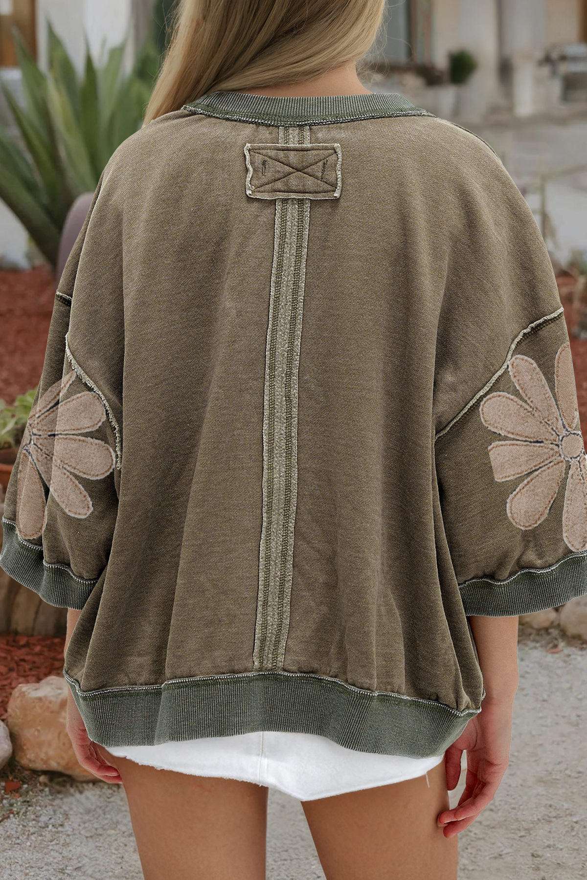 Western Mineral Wash Raw Seam Patchwork 3/4 Sleeve Top: Breen