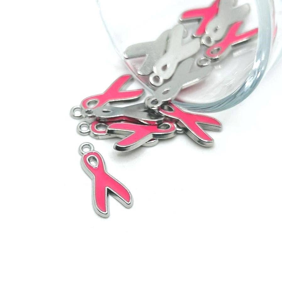 Pink Awareness Breast Cancer Ribbon Charms, 19x8mm: 20 Pieces