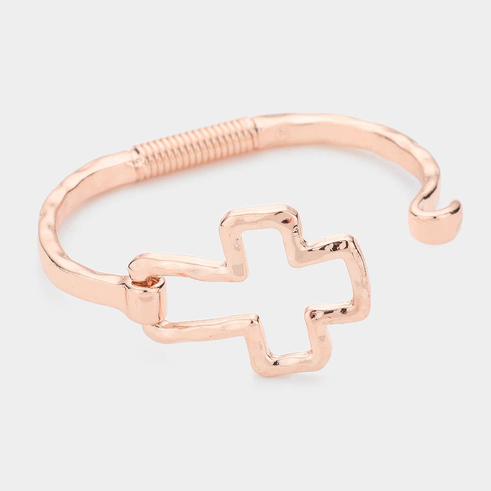Hammered Open Metal Cross Hook Bracelet: Worn Silver