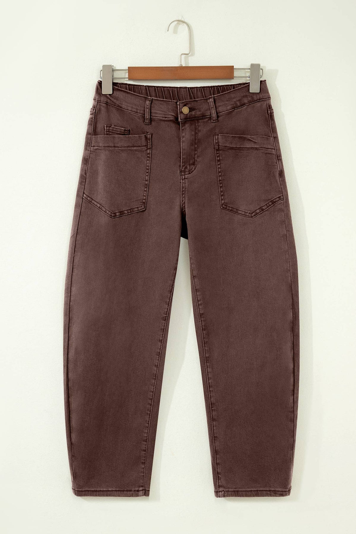 66 Solid Color Square Patch Pocket Ankle-length Barrel Jeans: Brown