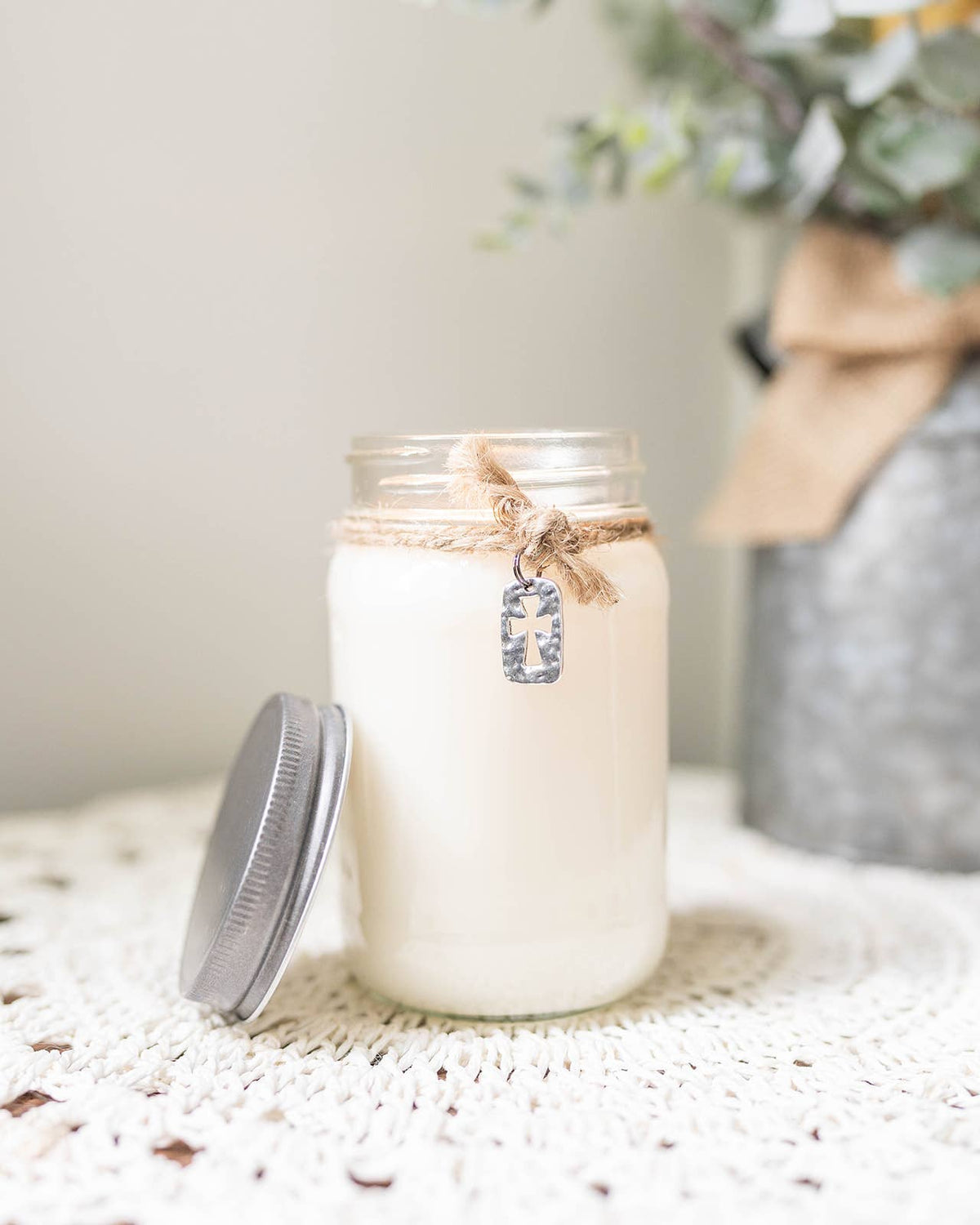 Mason Jar Candle with Cross Charm: Warm Peach Cobbler