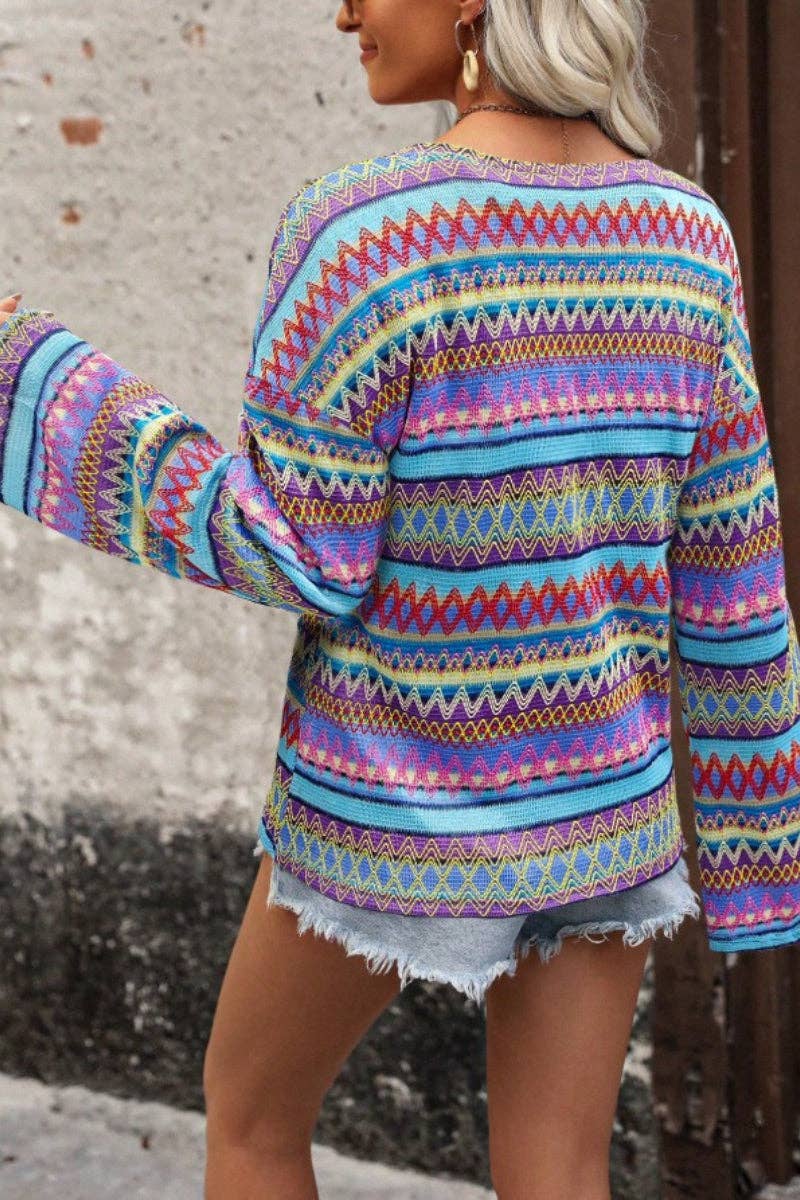 Boho Multicolor Geometric Knit Bell Sleeve Top: Red / 95%Polyester+5%Elastane