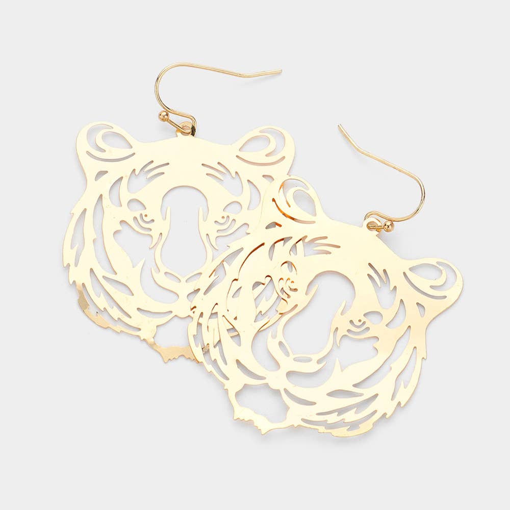 Brass Metal Cut Out Tiger Dangle Earrings: Silver