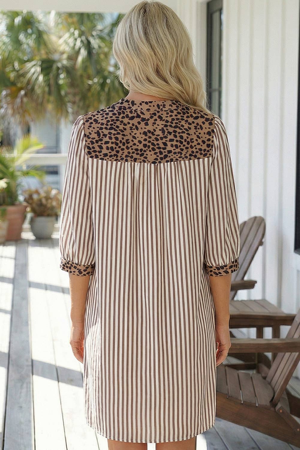 Stripe Button Leopard Trim Bracelet Sleeve Dress (S-XL): Brown / Missy