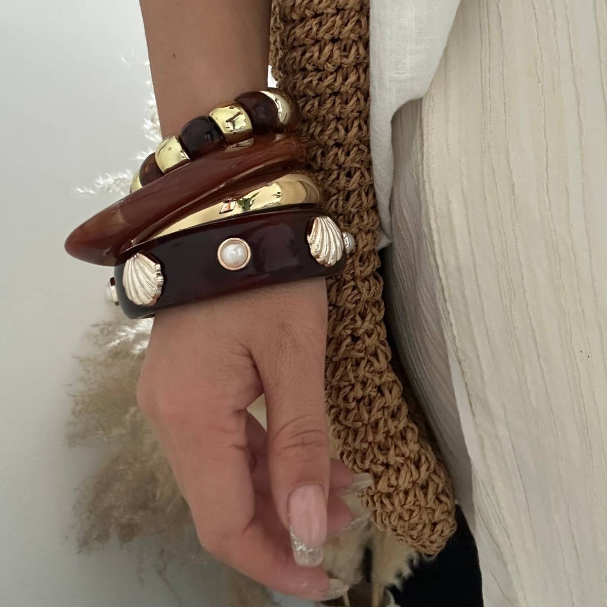 Pearl & Shell Accent Resin Bangle Bracelet: 3