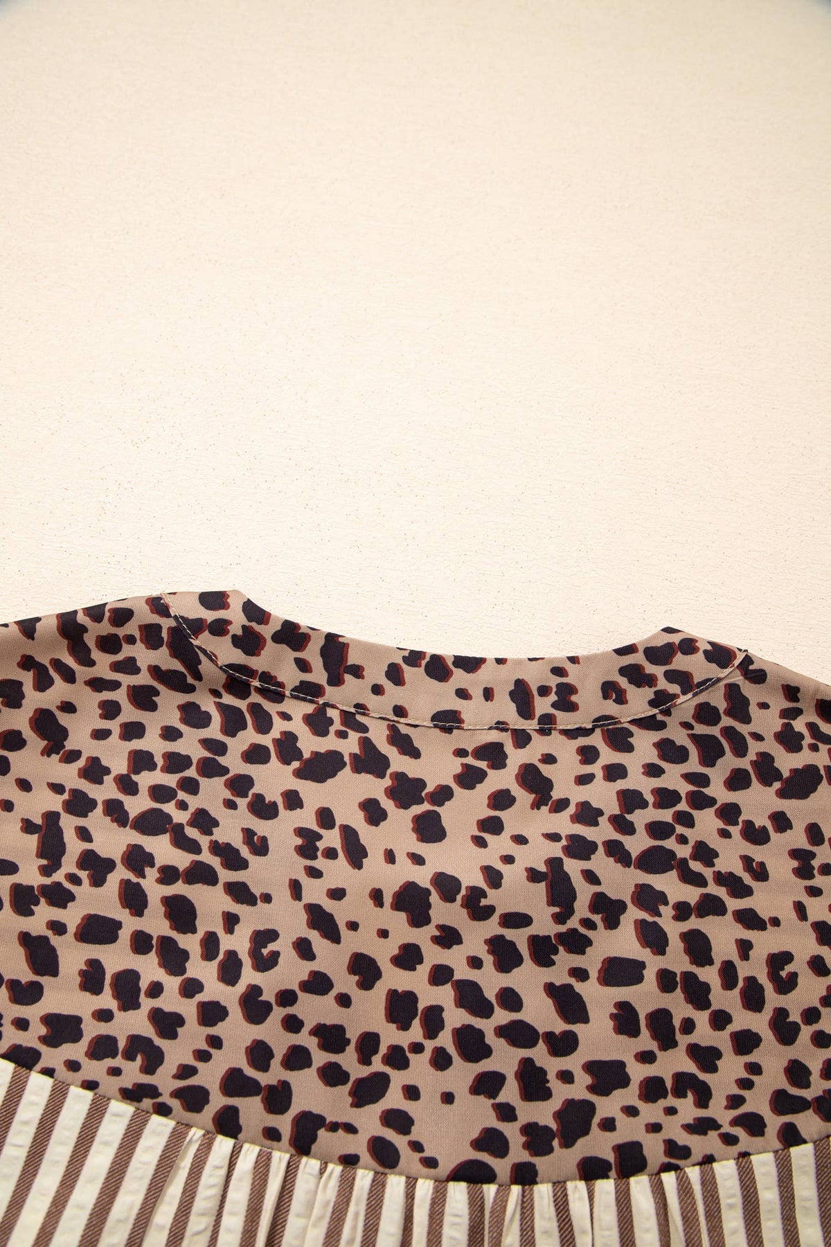 Stripe Button Leopard Trim Bracelet Sleeve Dress (S-XL): Brown / Missy
