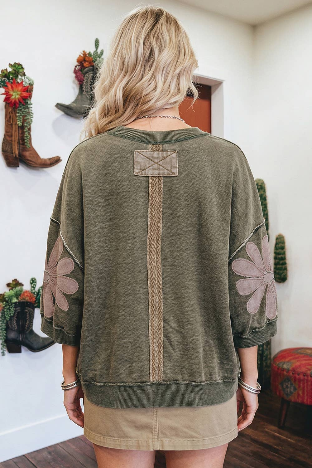 Western Mineral Wash Raw Seam Patchwork 3/4 Sleeve Top: Breen