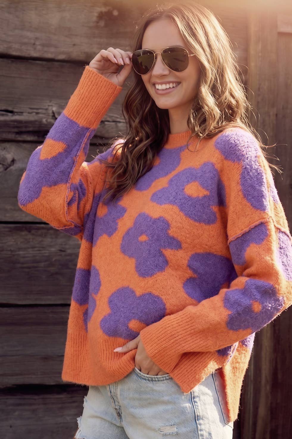 CREW NECK FLORAL LOOSE FIT SWEATER KNIT TOP: PUMPKIN PURPLE / Contemporary
