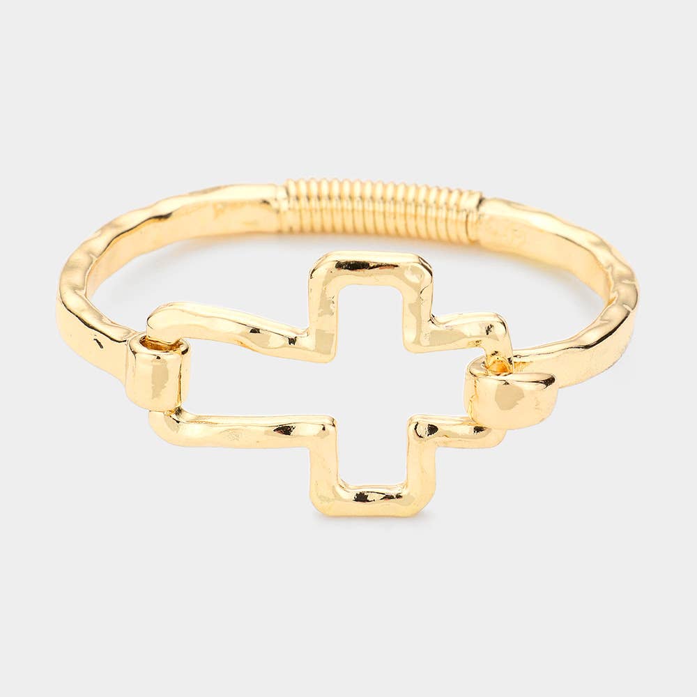 Hammered Open Metal Cross Hook Bracelet: Worn Silver