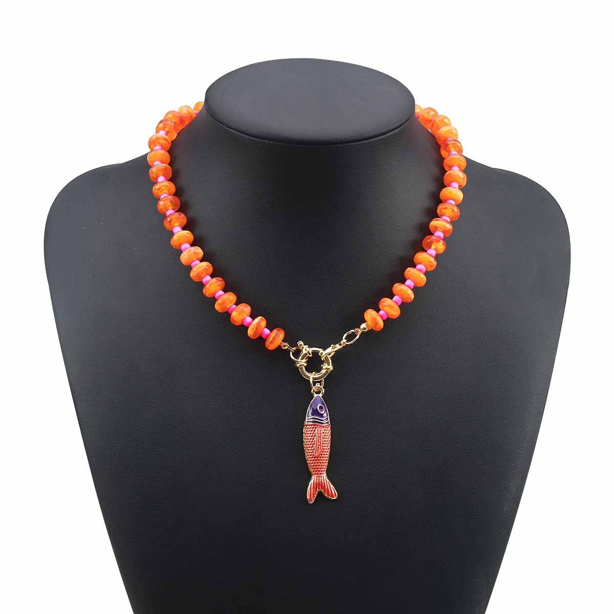 Beaded Fish Pendant Statement Necklace: Pink