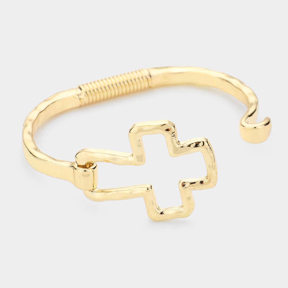 Hammered Open Metal Cross Hook Bracelet: Worn Silver