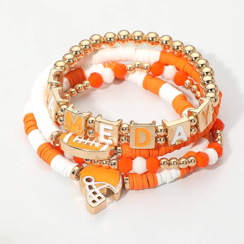 4PCS - GAMEDAY Football Charm Heishi Beaded Stretch Multi Layered Bracelets: Black Burgundy