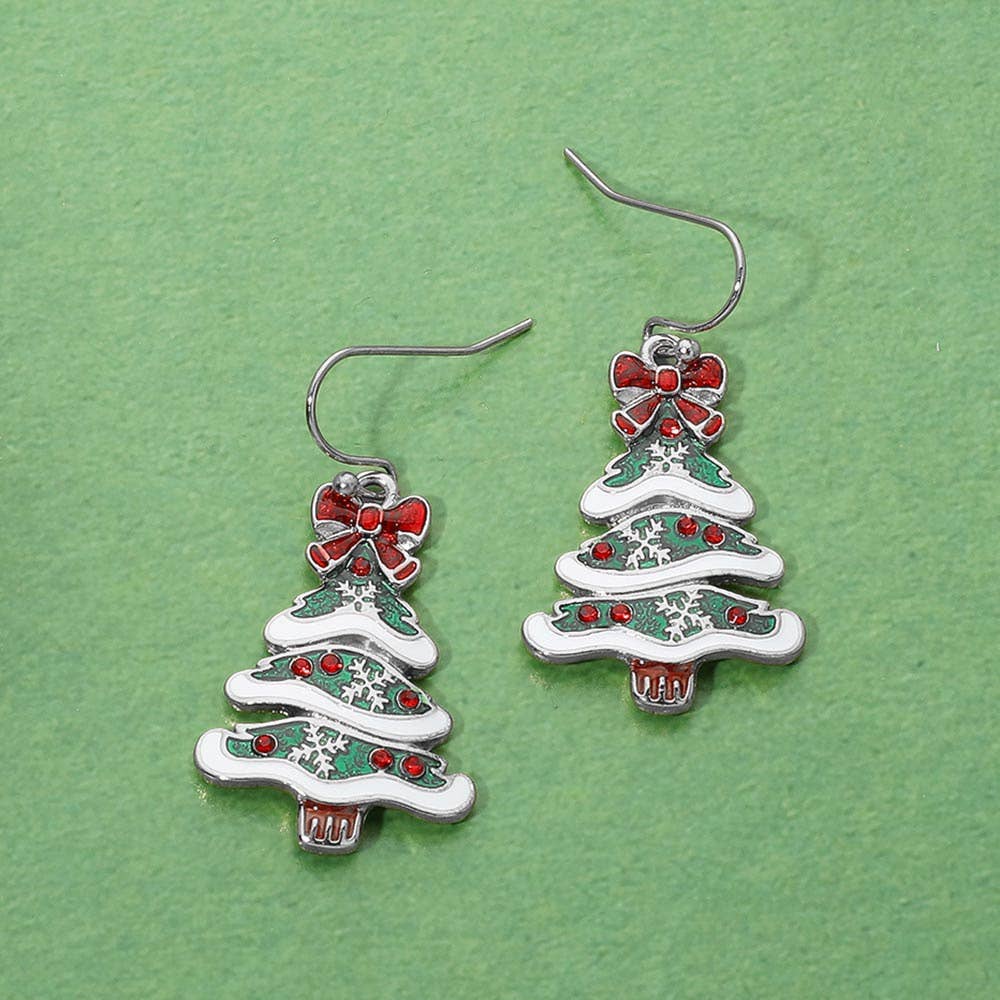 Bow Snowflake Christmas Tree Charm Drop Dangle Earrings: Gold,Multi