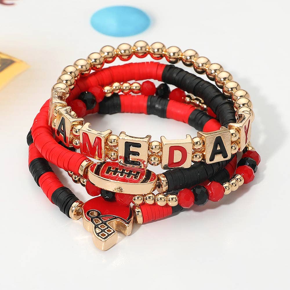 4PCS - GAMEDAY Football Charm Heishi Beaded Stretch Multi Layered Bracelets: Black Burgundy