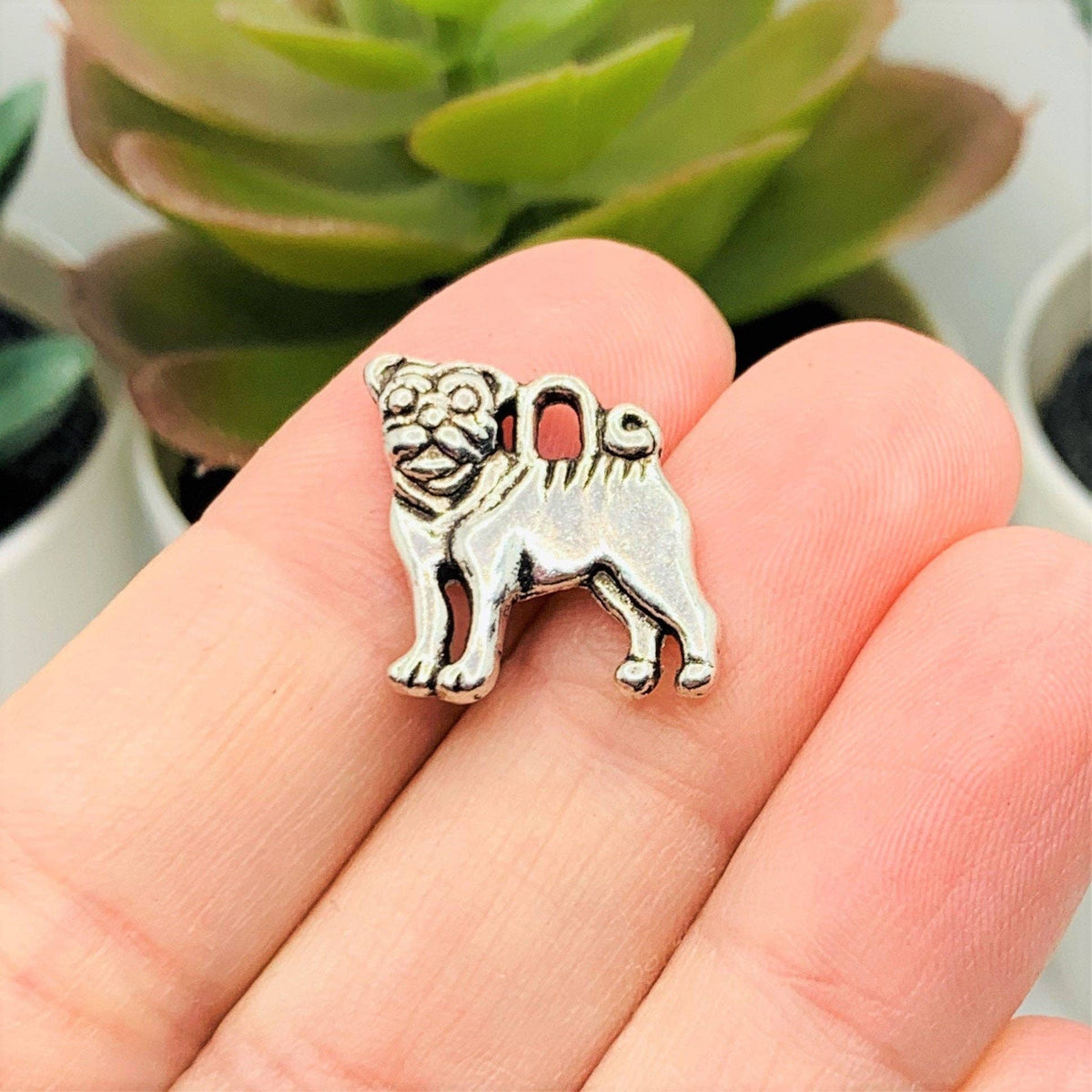 Silver Pug Dog Charms, 16x15mm: 4 Pieces