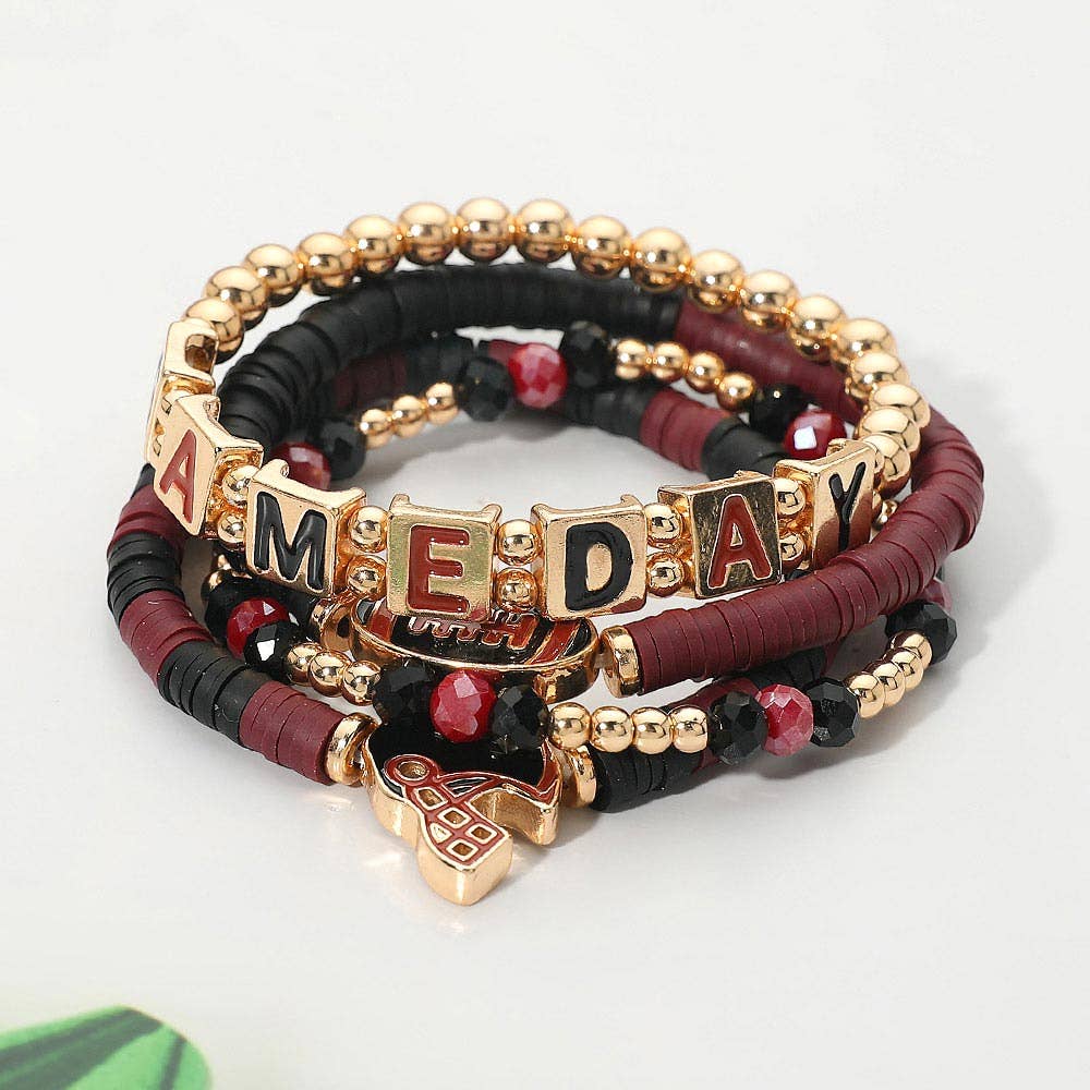4PCS - GAMEDAY Football Charm Heishi Beaded Stretch Multi Layered Bracelets: Black Burgundy