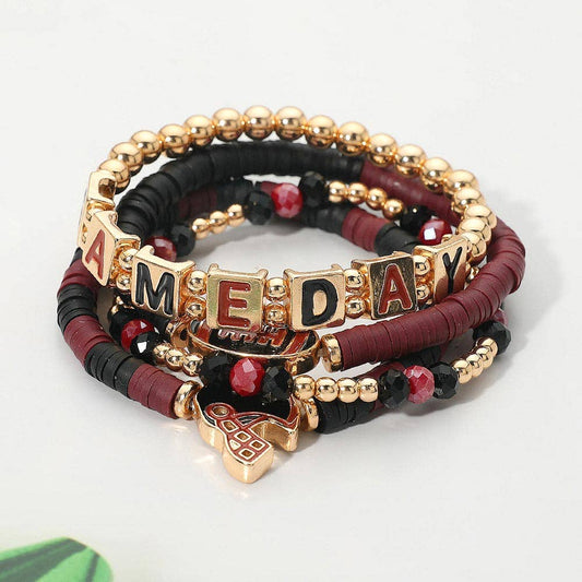 4PCS - GAMEDAY Football Charm Heishi Beaded Stretch Multi Layered Bracelets: Black Burgundy