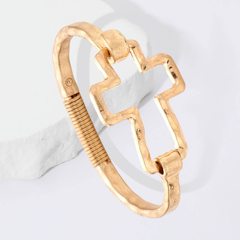 Hammered Open Metal Cross Hook Bracelet: Worn Silver