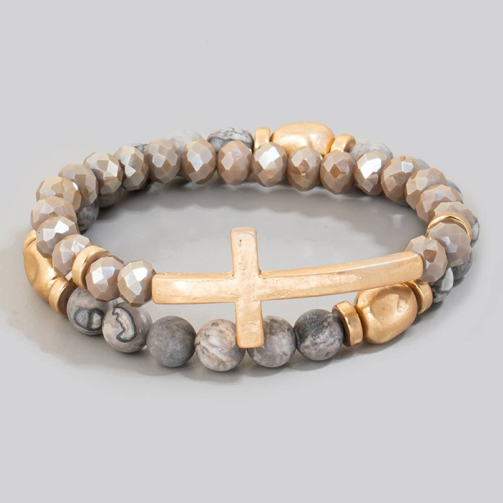 Cross Charm Stone Beaded Bracelet Set: BDWG